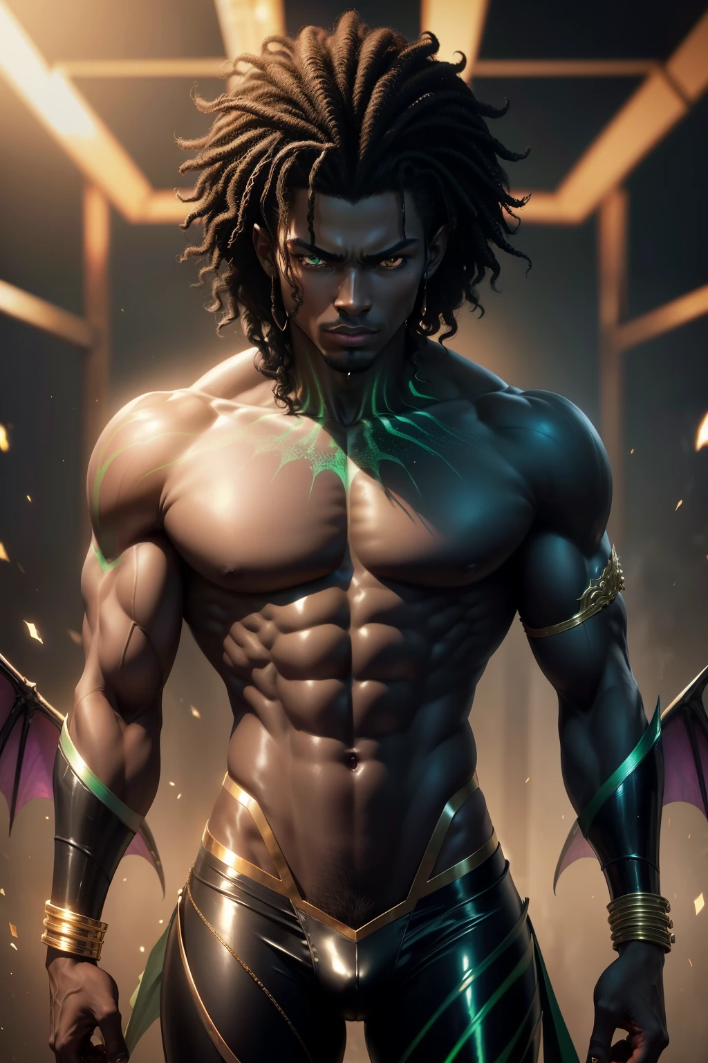 (8k,photorrealistic RAW photograph Maximum quality;1.4) (1 African boy) Super handsome king of the underworld (lifelike face) (curly black hair, hair combed to the side) slenderbody Muscular and macho big pink eyes Metallic green aristocratic suit Rainbow decoration Fangs peeking out of the mouth Pointed claws a seductive gaze Beautiful expression A hyper-realistic (King of the Underworld) appealing (real looking skin) super high resolution high détail Luxurious Dark Green Metallic Pants Rainbow aura emanating from the body effect dark green metallic cover