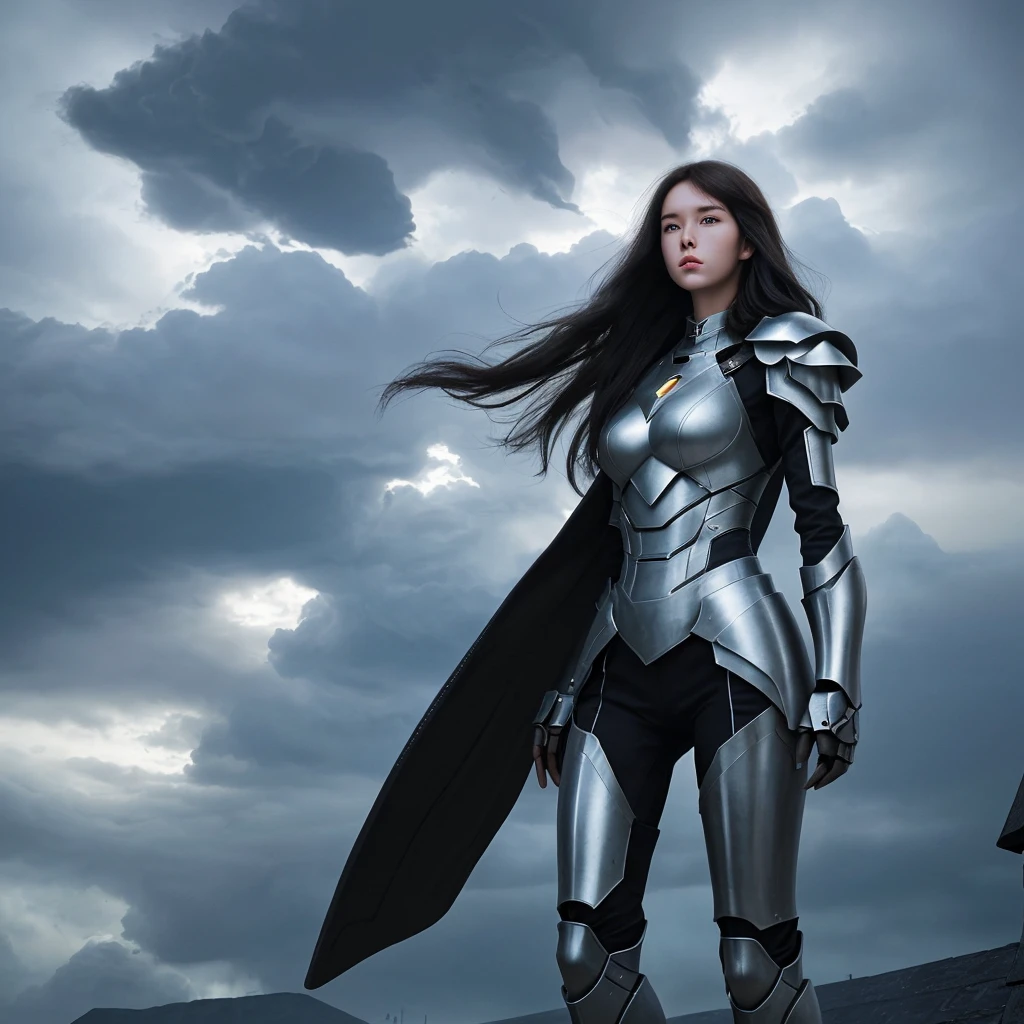 25 year old woman, perfect body, white, long dark hair, imagine in the middle of storm clouds, with futuristic armor, high definition scenery