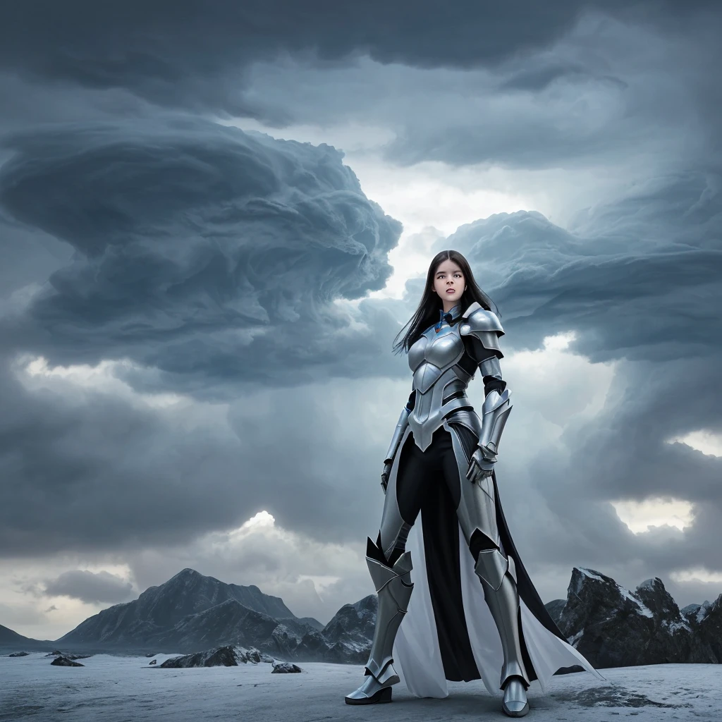 25 year old woman, perfect body, white, long dark hair, imagine in the middle of storm clouds, with futuristic armor, high definition scenery