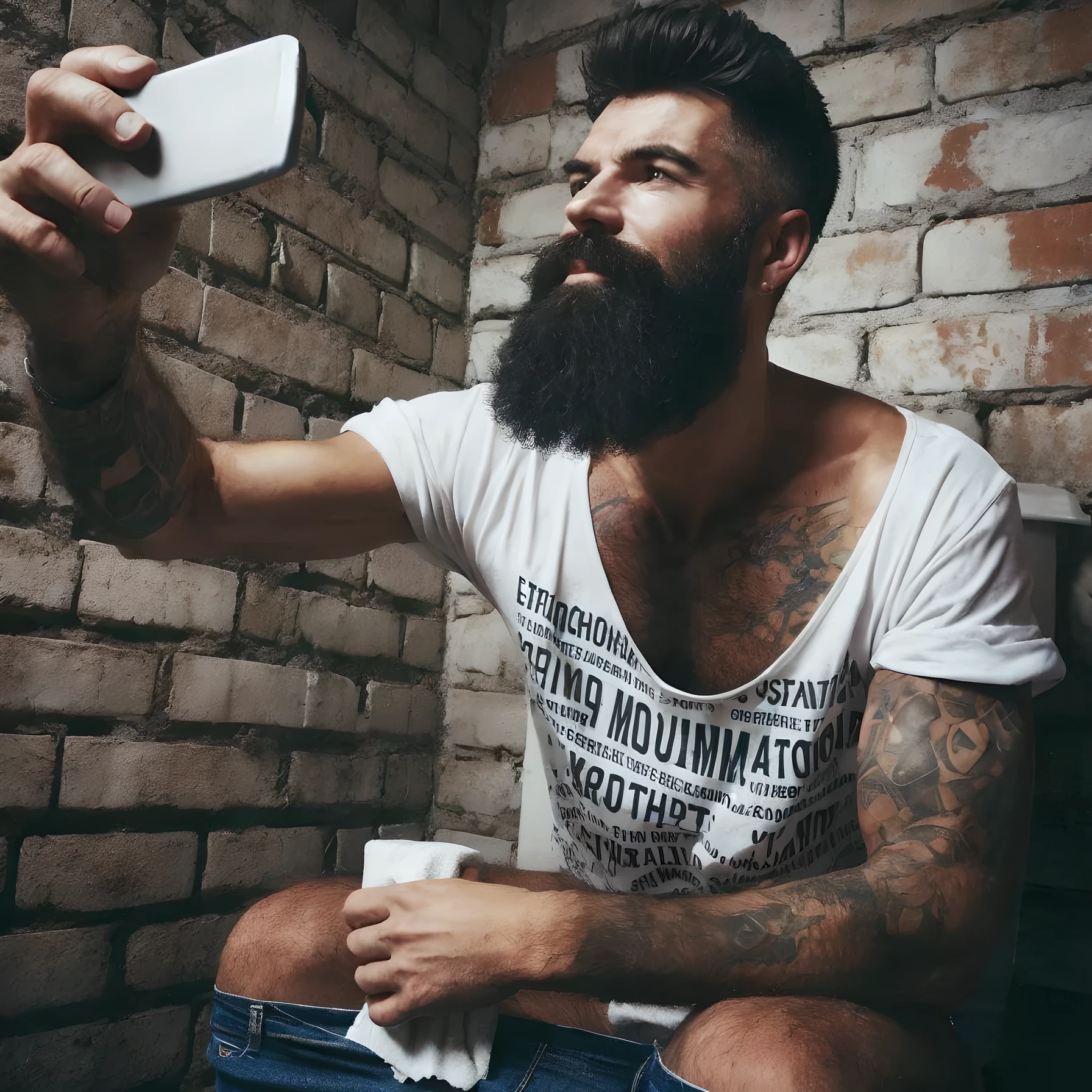 Muscular man in American football jersey crouching in a third world brick latrine, shitting cleaning their butts 
