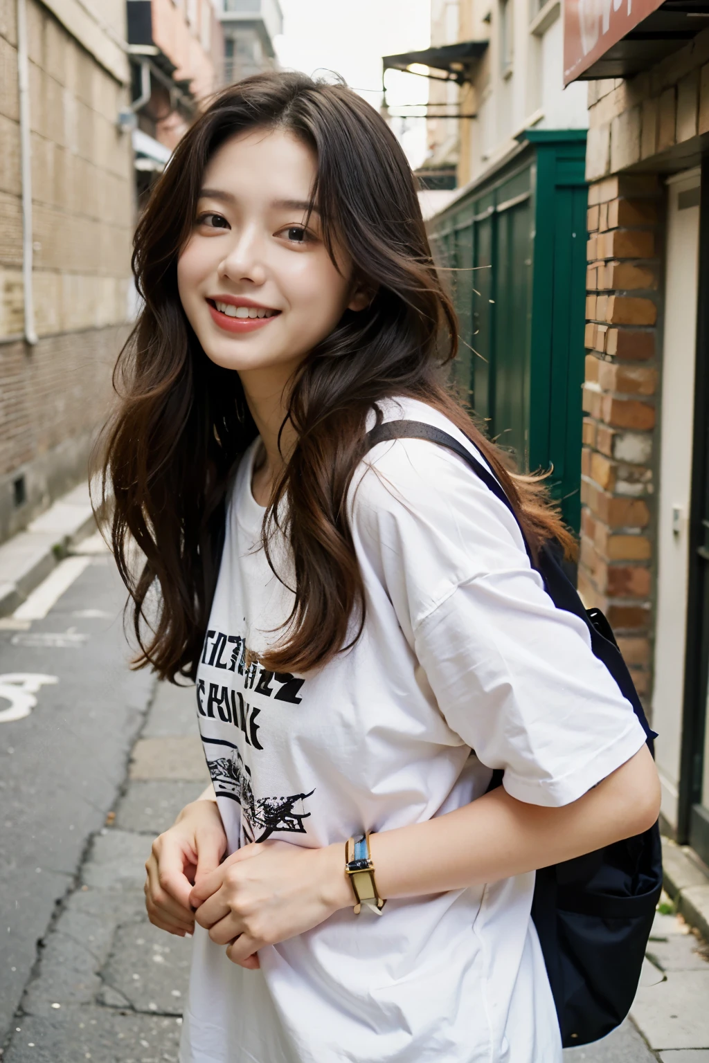 girl, cute, layered hair, smile, white oversize t-shirt, bracelet, backpack, alley street, upper body shot 