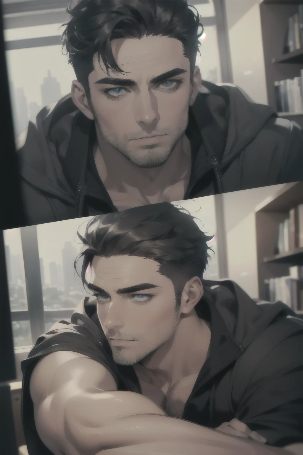 (Best Quality,4k,8k,High resolution,masterpiece:1.2),ultra detailed,(realist,photorealist,photo-realist:1.37),1 man,31 years,mature man,very handsome,muscular,without expresion,barba,short gray black hair,blue eyes,glare,perfect face without mistakes,imposing posture,cinematic lighting,imagen hdr