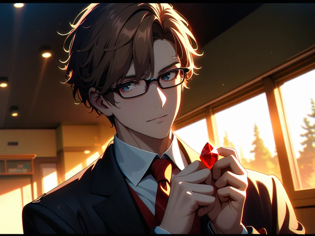 man,Hands holding stones,Red stone,Luminescence,small stone,HD, HDR, Very detailed CG, Beautiful details, depth, Delicate texture, Super Fine, Pale skin, Handsome man,Suit , short hair, Brown hair, , Glasses,Atmospheric lighting, lens flare,classroom