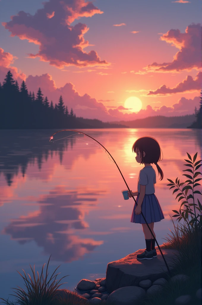 Ghibli-style scenery、Lake shore in the evening、Sunset while fishing、A worried face、１５Year old girl