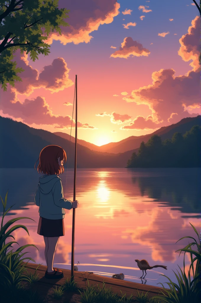 Ghibli-style scenery、Lake shore in the evening、Sunset while fishing、A worried face、１５Year old girl