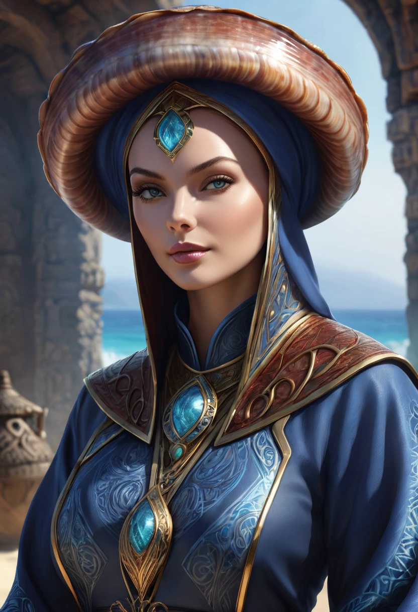Anthropomorphic female clam mage. Official Art – Charecter profile. An Award-Winning Digital Masterpiece In 4K Ultra HD, Extreme Detail And Intricate Realism. Symmetrical Face. This Concept Art Brought To Life By The Hands Of Artists Like Wlop & Artgerm In A Stunning 2D Vector Illustration.Background Is A Panoramic Vista.