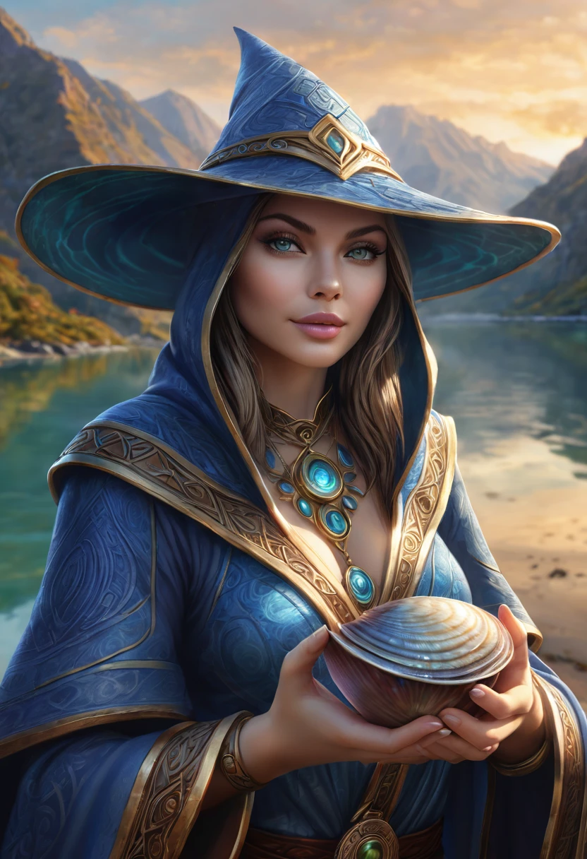 Anthropomorphic female clam mage. Official Art – Charecter profile. An Award-Winning Digital Masterpiece In 4K Ultra HD, Extreme Detail And Intricate Realism. Symmetrical Face. This Concept Art Brought To Life By The Hands Of Artists Like Wlop & Artgerm In A Stunning 2D Vector Illustration.Background Is A Panoramic Vista.