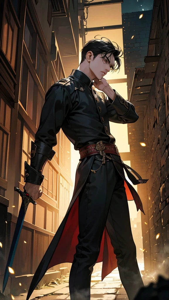 In a dark alley, typical of fantasy stories, with ancient stone walls and dim lanterns illuminating with a warm light. The ground is paved and the atmosphere is tense. In the center of the scene, a man with black hair and dark eyes holds a sword, Ready for the battle. In front of him, several thieves, also armed with fine swords, surround. Thieves have malicious expressions, while the black-haired man shows a look of determination and bravery. The night sky is barely visible between the tall buildings that line the alley., creating an even more somber and dramatic atmosphere.