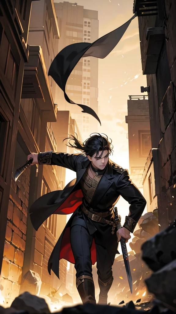 In a dark alley, typical of fantasy stories, with ancient stone walls and dim lanterns illuminating with a warm light. The ground is paved and the atmosphere is tense. In the center of the scene, a man with black hair and dark eyes holds a sword, Ready for the battle. In front of him, several thieves, also armed with fine swords, surround. Thieves have malicious expressions, while the black-haired man shows a look of determination and bravery. The night sky is barely visible between the tall buildings that line the alley., creating an even more somber and dramatic atmosphere.