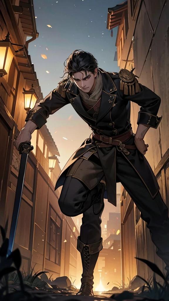 In a dark alley, typical of fantasy stories, with ancient stone walls and dim lanterns illuminating with a warm light. The ground is paved and the atmosphere is tense. In the center of the scene, a man with black hair and dark eyes holds a sword, Ready for the battle. In front of him, several thieves, also armed with fine swords, surround. Thieves have malicious expressions, while the black-haired man shows a look of determination and bravery. The night sky is barely visible between the tall buildings that line the alley., creating an even more somber and dramatic atmosphere.