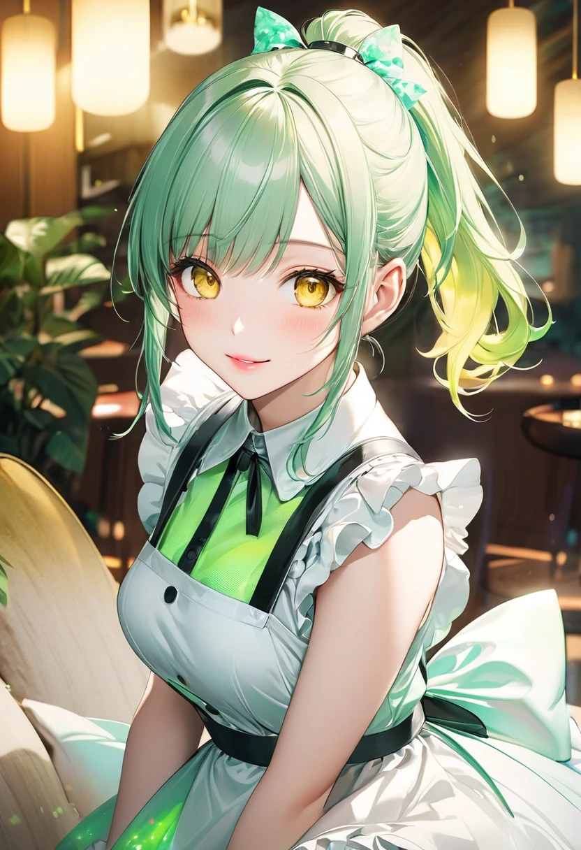 (Pastel color art style) (double exposure pastel color), (solo:2, 15 yo) (beautiful ponytail) (beautiful pastel green hair long hair) (fighter cute girl) (detailed cute yellow eyes) (best smile, glossy lip) (medium tits), in a pastel summer maid clothes with double exposure many green glow, break, in the Lounge, BREAK, perfect anatomy, masterpiece, best quality, 16k, beautiful detailed grow, daydreaming expression.