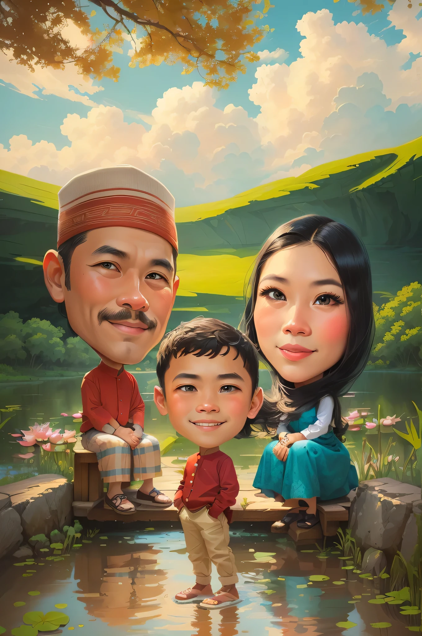 there are two people that are sitting on a bench, Father and mother, The boy stands in the middle, standing on the grassy ground, Beautiful clouds and sky, Lake background with lotus flowers growing in abundance in the water, an indonesian family portrait, caricature illustration, potrait, happy family, Indonesian family, cartoon art, full protrait, classic portrait, cartoon portrait, in cartoon style, digital art cartoon, cartoon digital art, traditional portrait, portrait of family of three, by Abidin Dino, caricature style