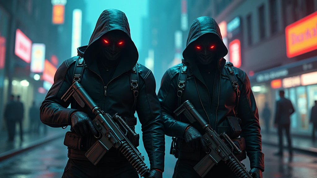 muscular robbers, bodybuilder thieves, futuristic heist, hyper-detailed cyborg criminals, highly realistic cyberpunk robbery, dramatic lighting, neon cityscape, moody shadows, dynamic action pose, photorealistic textures, hard surface modeling, intricate mechanical designs, glowing electronic components, sleek technological aesthetic, cinematic camera angles, best quality, 8k, highres, masterpiece, ultra-detailed, realistic