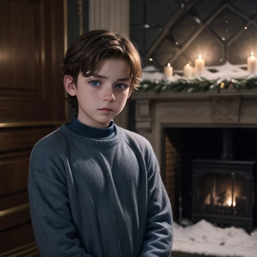 a beautiful boy, 12 years, rasgos Europeans muy finos, Brown hair, blue eyes, sad look, peaceful look, very sensible, very sad, ELEGANT DRESS, European, London, rain, Cold, winter, snow, Christmas, loneliness, melancholia, fire in the room, Chimney.