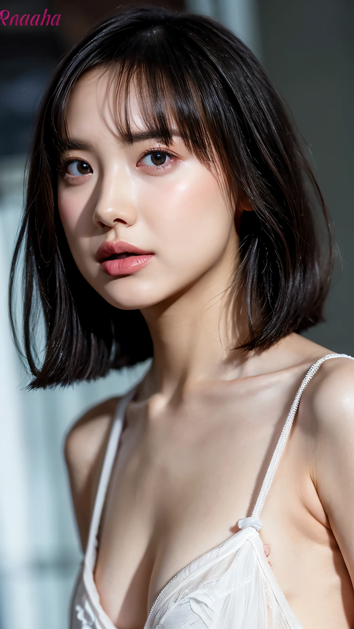 (1 girl,  Girls, Full body portrait, Small breasts, Short Bob Hair, White bra, panties), Fair-skinned, Glossy Lips, skinny, Body Type, Delicate and sexy collarbone, Highest quality, RAW Photos, Realistic, face, Incredibly beautiful girl, cute, Depth of the written border, High resolution, 超detailed, detailed, Very detailed, extremely detailed eye and face, Sharp pupils, Sharp focus, Cinema Lighting