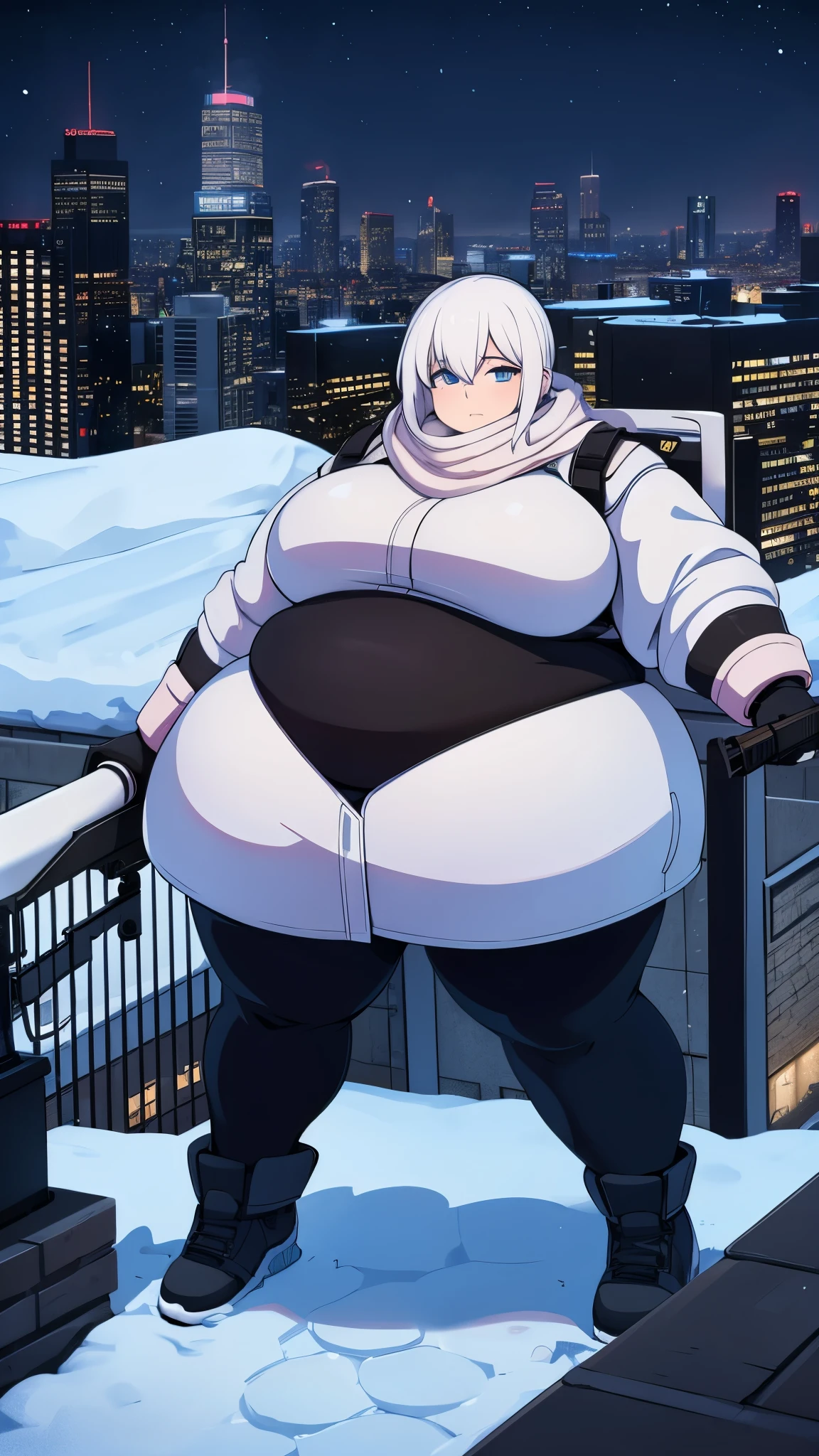 obese woman, snowy rooftop, large city, nighttime, cold, holding a sniper rifle, 