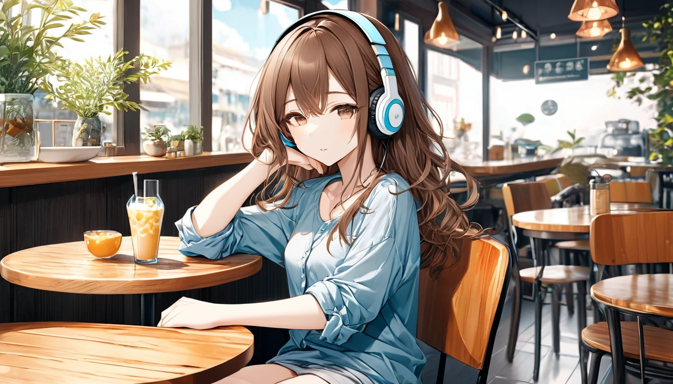 Scene background of a brown-haired girl wearing headphones enjoying some refreshment time:Simple cafe table look:Calm, relaxed look:Casual shirt pose:Sitting on a chair、Relaxing and enjoying music:Time to refresh and regain your mental balance
(Detailed fingers), (Emotional), (Breathtakingly beautiful), (whole body), (Anime Style), (Very detailed), (超High resolution, High resolution), (8k), (Complex and beautiful: 1.2)