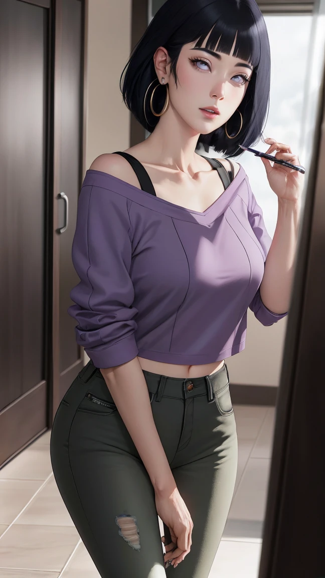 { - anatomy error} (Masterpiece - Ultra-detailed, very high resolution) , absurdos, Hinata\(Boruto\), 1girl, sozinho,Mature female, Capuz roxo,mangas em camadas, jeans, ao ar livre, Cloudy sky, perfect composition, circunstanciado lips, peito grande, beautiful face, body propotion, corar, (pink lips), cabelos pretos curto (black hair), lilac eyes, olhar suave, super realistic, circunstanciado, rosto e corpo realistas, Realistic hair, olhos realistas, nariz realista, realistic lips, with large hoop earrings,  anime. Walking on the floor with lilac shoes.