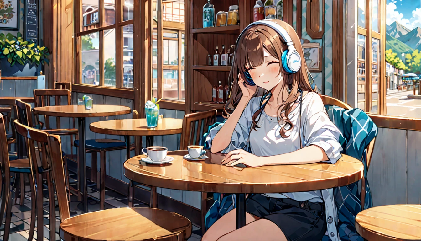 Scene background of a brown-haired girl wearing headphones enjoying some refreshment time:Simple cafe table look:Calm, relaxed look:Casual shirt pose:Sitting on a chair、Relaxing and enjoying music:Time to refresh and regain your mental balance
(Detailed fingers), (Emotional), (Breathtakingly beautiful), (whole body), (Anime Style), (Very detailed), (超High resolution, High resolution), (8k), (Complex and beautiful: 1.2)