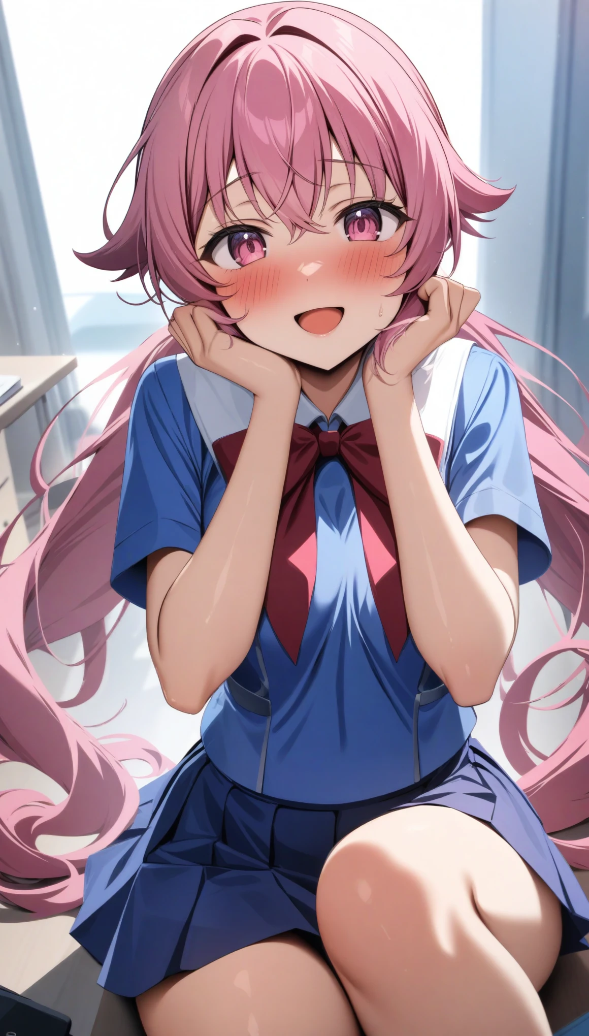 masterpiece, best quality, very aesthetic, absurdres, newest, 
Future Diary，(Yuno Gasai ）, 1girl, blush, hands_on_own_cheeks, hands_on_own_face, looking_at_viewer, open_mouth,  smile, pink hair, pink eyes,hair bow,sidelocks,twintails,ponytail,shiny hair, school uniform,red bowtie,blue skirt,blue shirt,pleated skirt,short sleeves,looking at viewer,, 