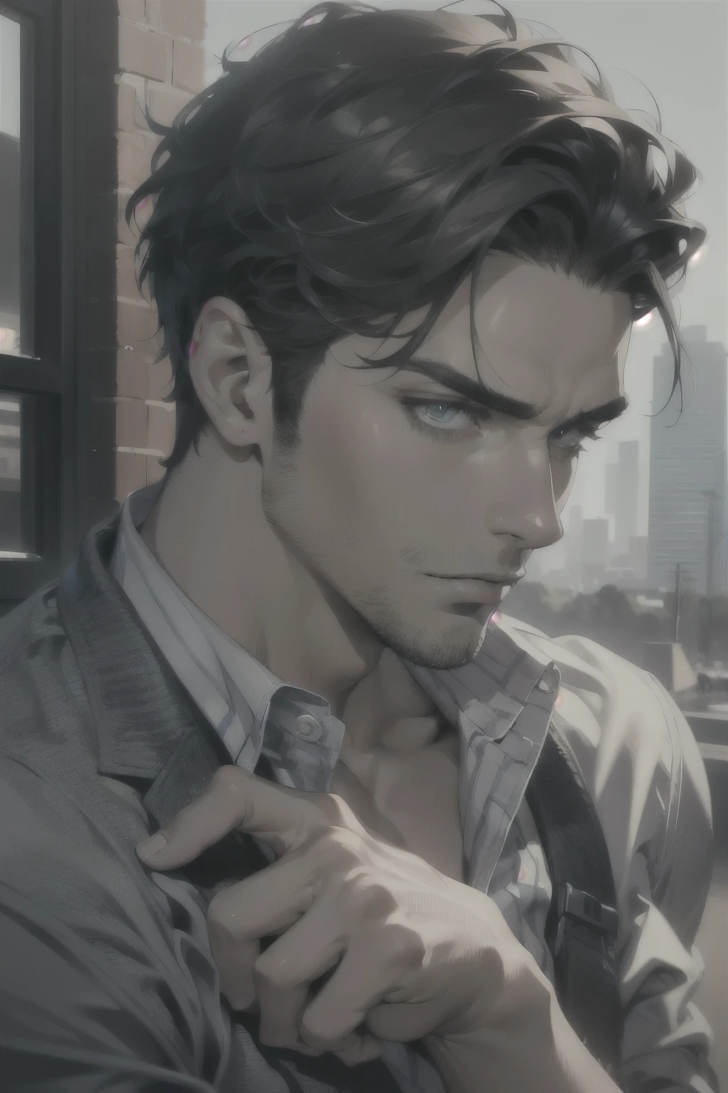 (Best Quality,4k,8k,High resolution,masterpiece:1.2),ultra detailed,(realist,photorealist,photo-realist:1.37),1 man,31 years,mature man,very handsome,muscular,without expresion,barba,short gray black hair,blue eyes,glare,perfect face without mistakes,imposing posture,cinematic lighting,imagen hdr