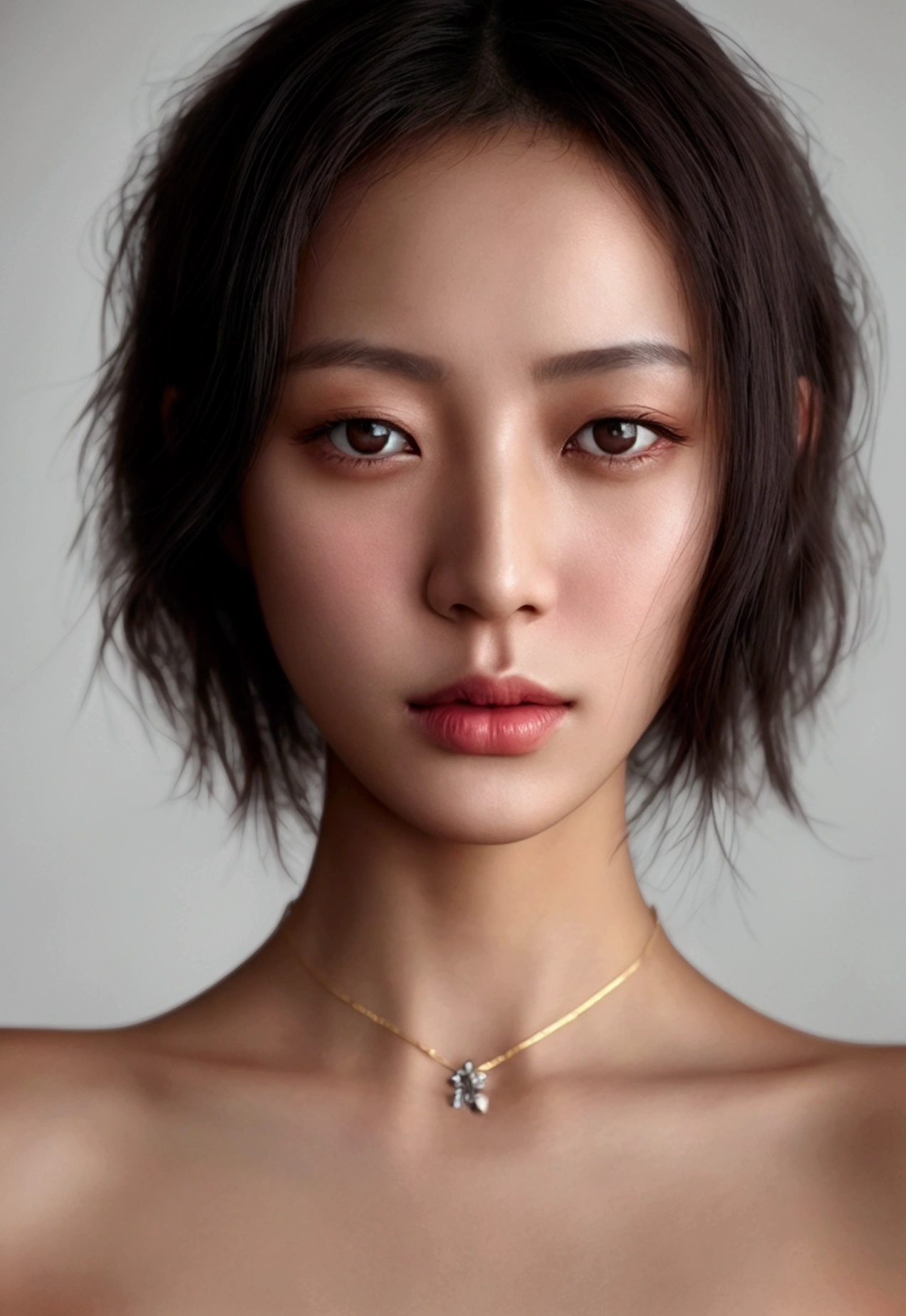 fashion photography portrait of 1girl, offshoulder, fluffy short hair, soft light, rim light, beautiful shadow, low key, (photorealistic, raw photo:1.2), (natural skin texture, realistic eye and face details), Hyperrealism, ultra high res, 4K, Best quality, masterpiece, necklace, (cleavage:0.8), in the dark. Negative prompt: (worst quality, low quality, bad_pictures, negative_hand-neg: 1.2). Asian women，Chinese women