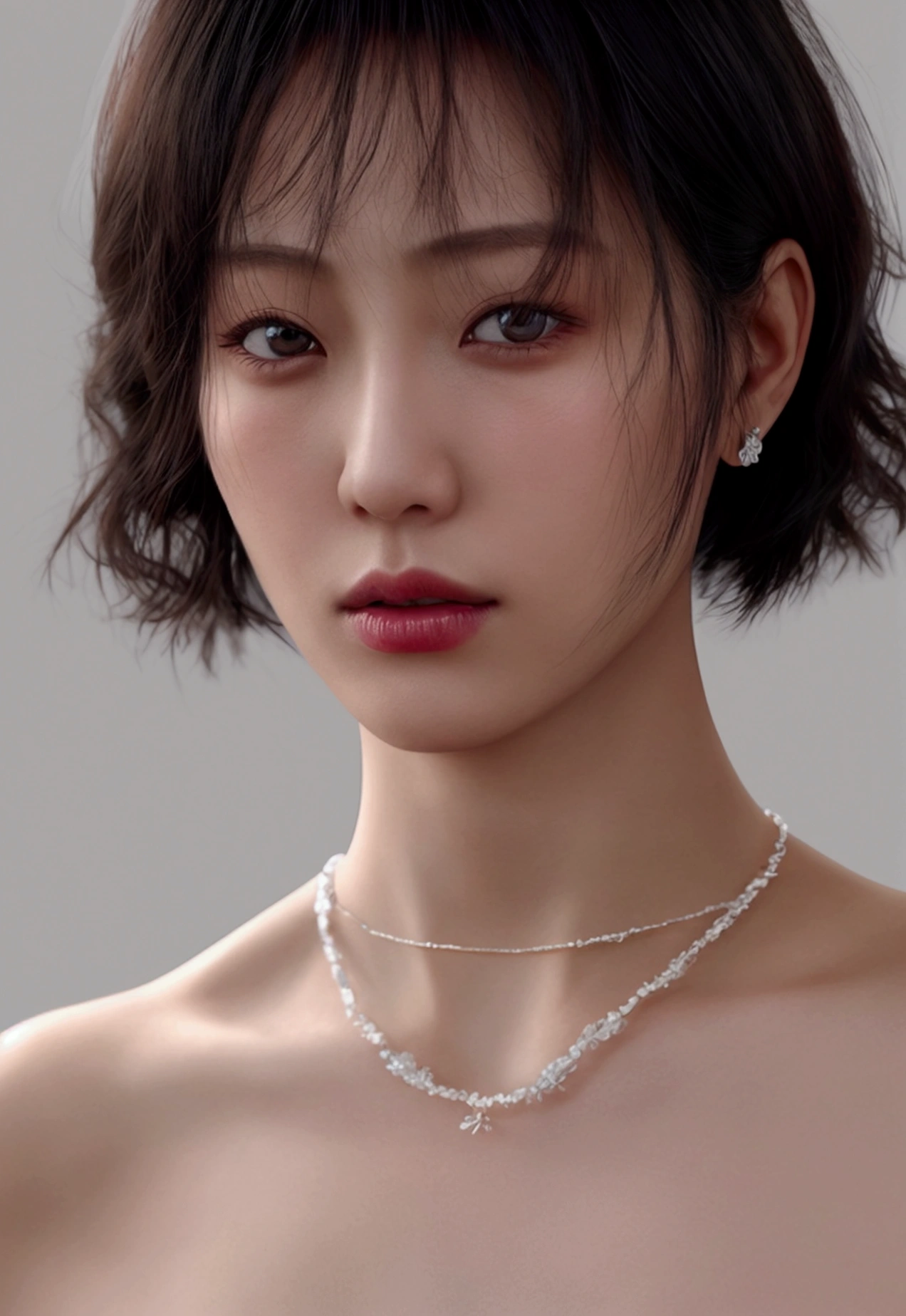 fashion photography portrait of 1girl, offshoulder, fluffy short hair, soft light, rim light, beautiful shadow, low key, (photorealistic, raw photo:1.2), (natural skin texture, realistic eye and face details), Hyperrealism, ultra high res, 4K, Best quality, masterpiece, necklace, (cleavage:0.8), in the dark. Negative prompt: (worst quality, low quality, bad_pictures, negative_hand-neg: 1.2). Asian women，Chinese women
