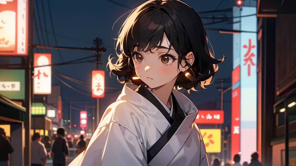 a white girl with short slightly curly black hair, brown eyes, with earbuds in her ears, and in the downtown of a japanese city at night