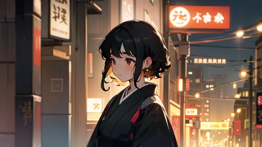 a white girl with short slightly curly black hair, brown eyes, with earbuds in her ears, and in the downtown of a japanese city at night