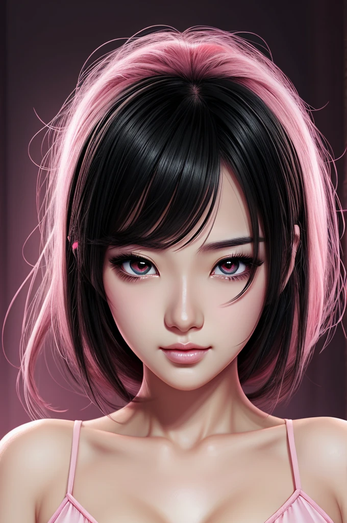 a beautiful and attractive woman, completely black eyes with pink heart-shaped pupils, manhwa digital art