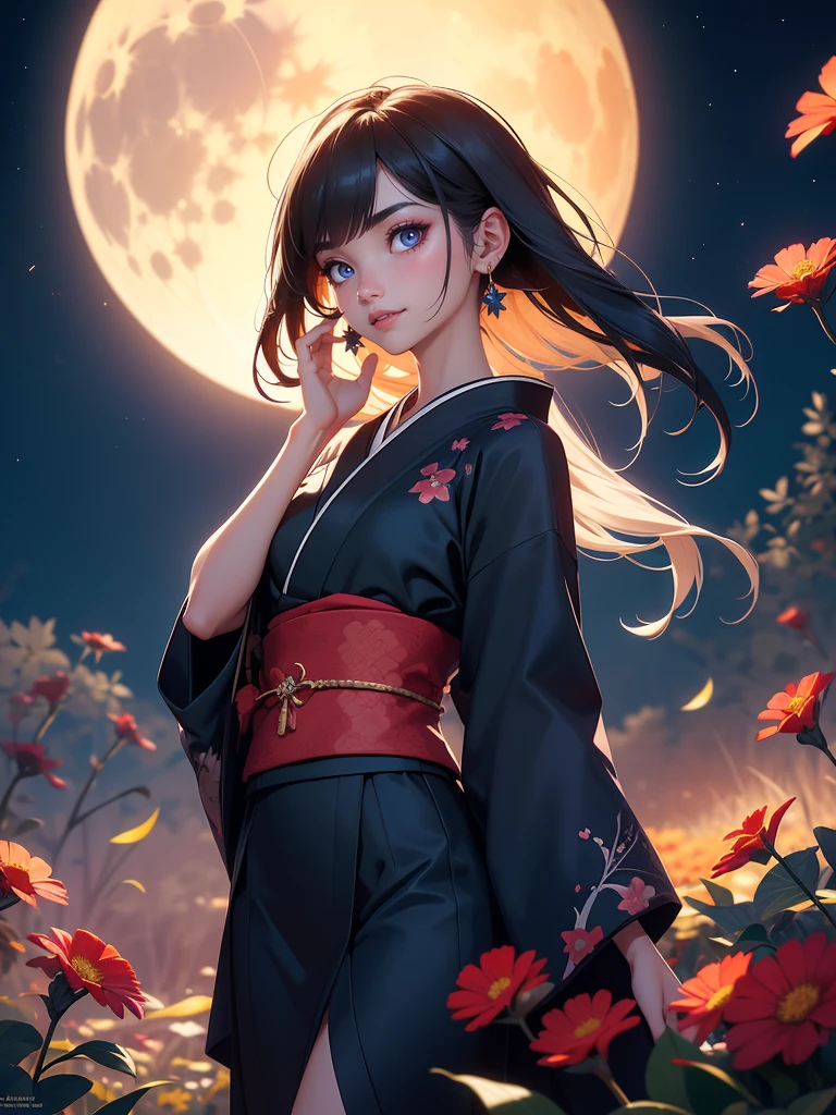 8K, Masterpiece, RAW photo, Best quality, detail:1.2), Photorealistic, Extremely detailed Cg Unity 8K wallpaper, Depth of field, Cinematic light, Lens flare, Ray tracing, (Extremely beautiful face, Beautiful lips, Beautiful eyes), intricate detail face, ((ultra detailed skin)) 1girll, In the dark, deepshadow, Pretty Japan girl, Jpop idol, (Very slim and slender muscular body:1.3), ((view the viewer)), (Big smile), (bodycon Kimono), (RedKimono), (Injection sleeve), (Flower field (dark Blue Night)), Clear Sky (Big Moon), Pretty Japanese girl, Earrings, bangle, Pantyhose, Clear eyes, Standing, (Pale skin), Face forward, (Big eyes), ((upperbody shots)), Kimono Silk, Front shot, Very slim, slander, seamless, (Half Naked)