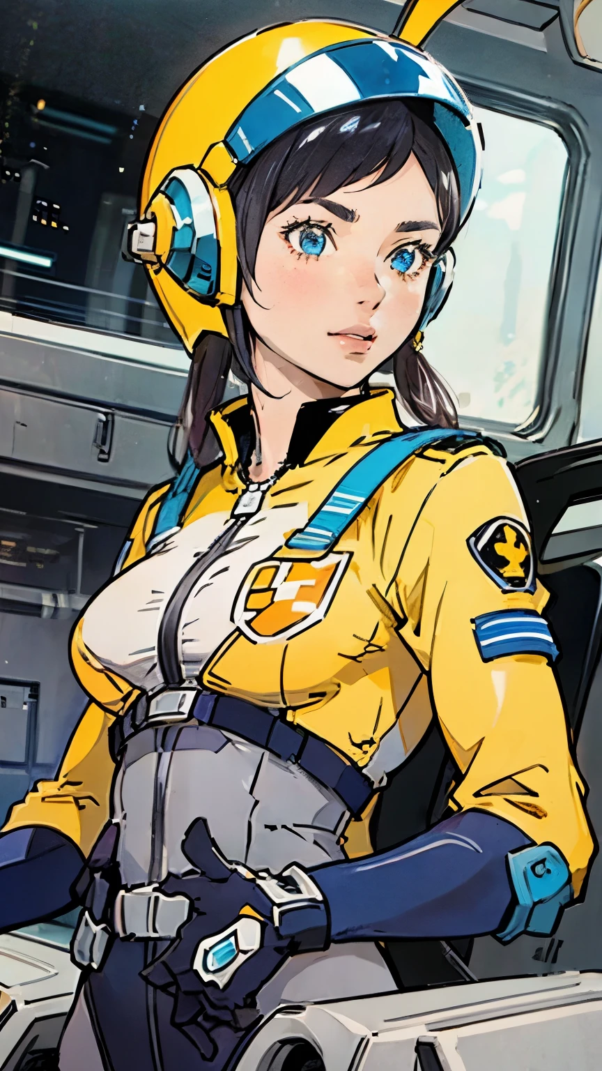 Mundo Cockpit、Upper Body、Yellow pilot suit、Upper Body、woman、smile、Look Up、Helmet、Highest quality、Masterpiece
、