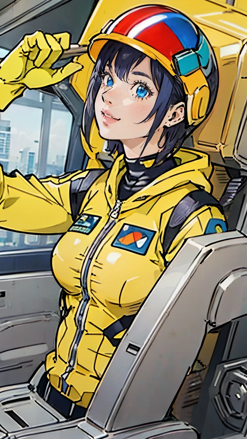 Mundo Cockpit、Upper Body、Yellow pilot suit、Upper Body、woman、smile、Look Up、Helmet、Highest quality、Masterpiece
、