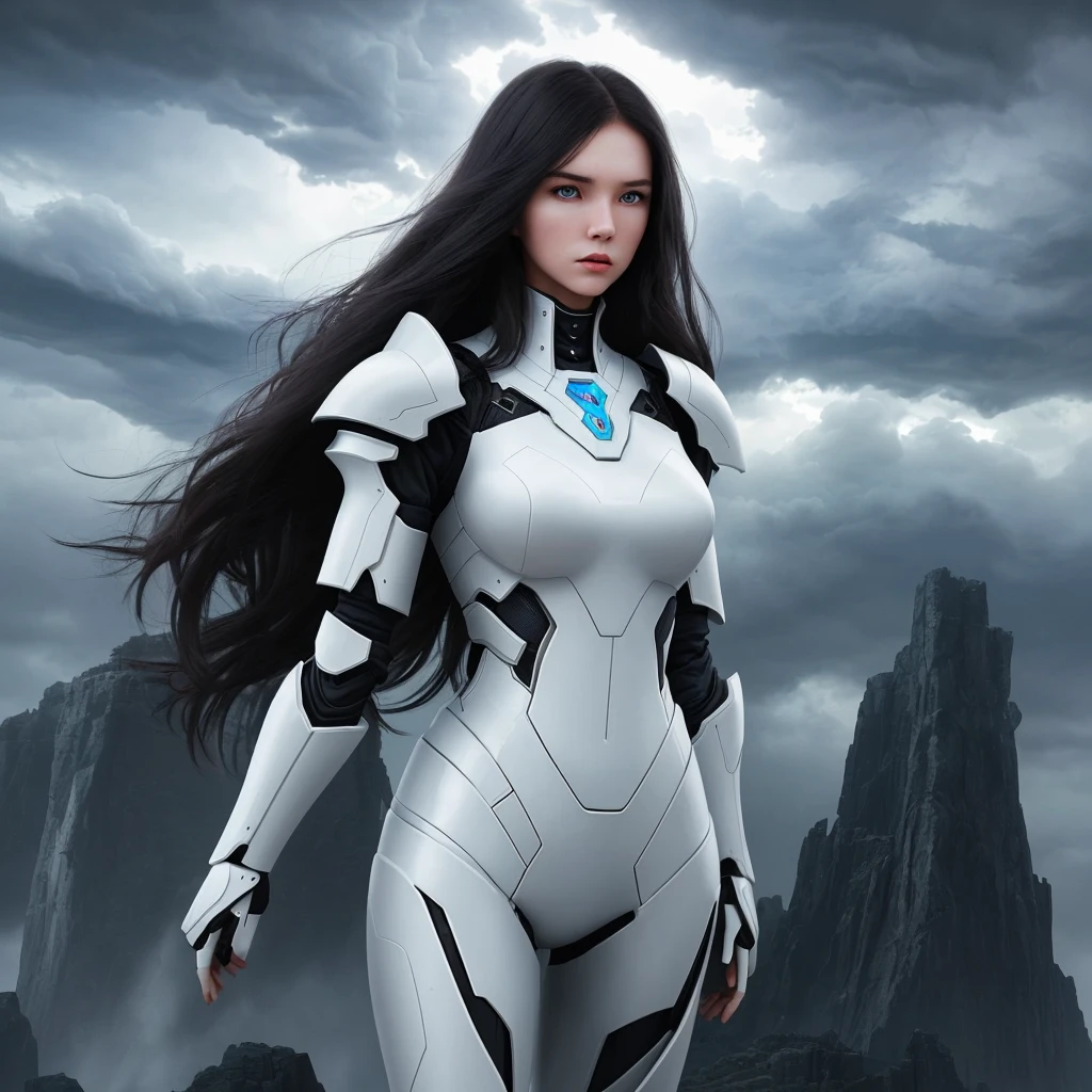 25 year old woman, perfect body, white, long dark hair, imagine in the middle of storm clouds, with futuristic armor, high definition scenery