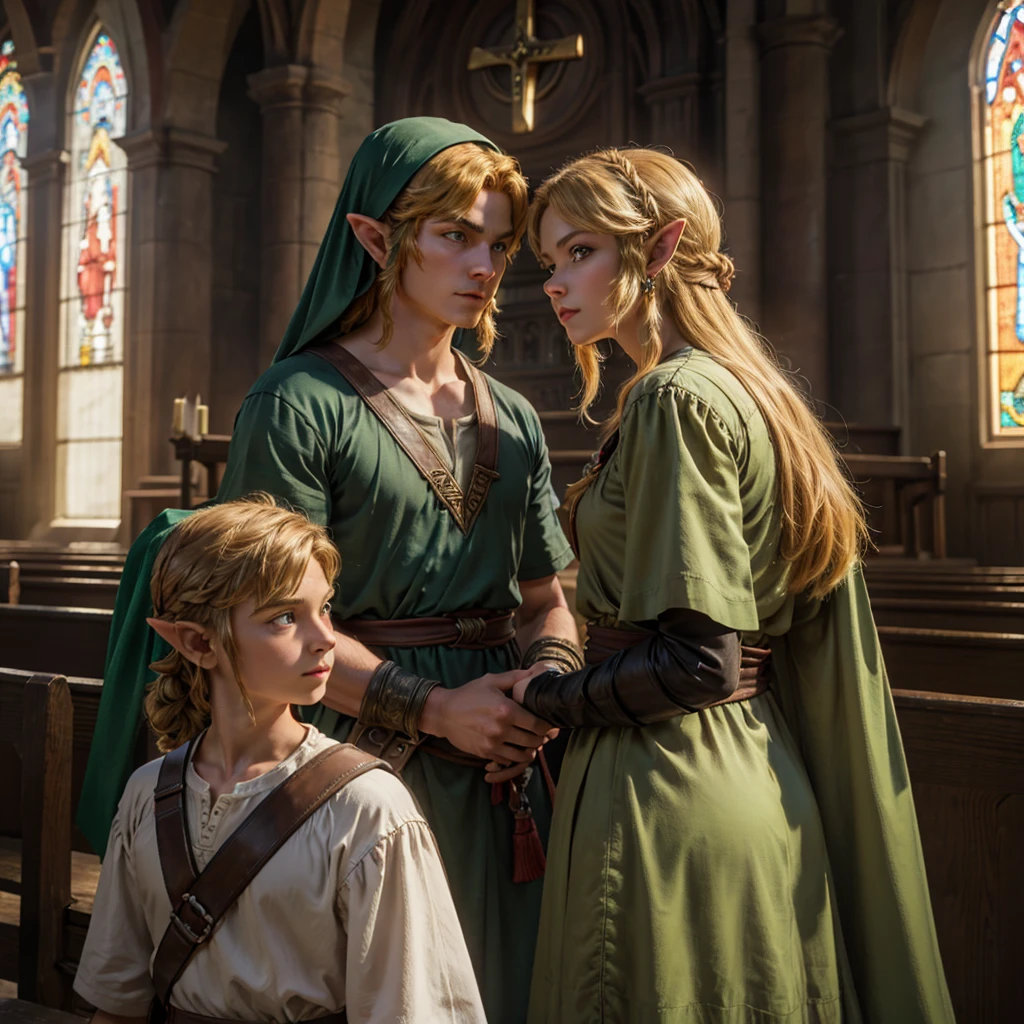 Vivid depiction、3DCG、Clear photos、zelda and link、Face to face, stare at each other、Depiction of the upper body、The background is inside the church、Daytime