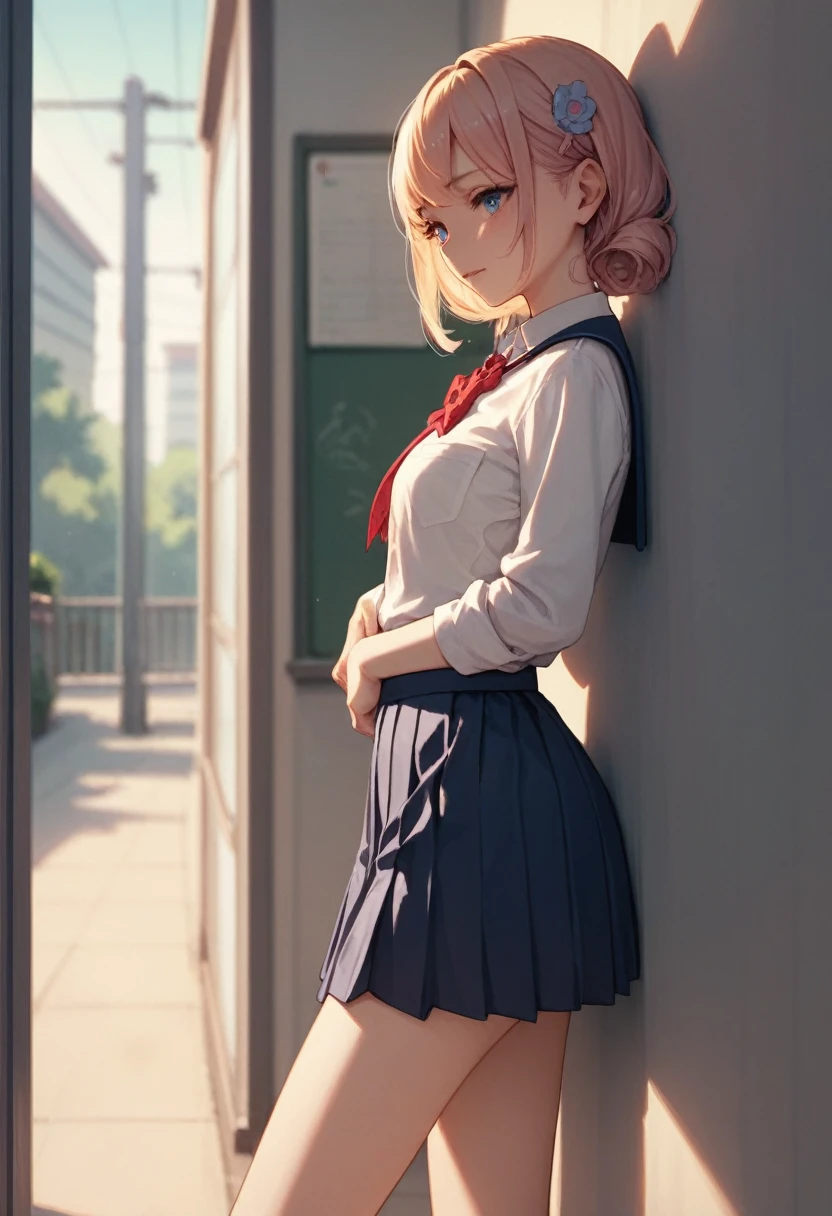 anime style, highest quality, schoolgirl about 16, pretty haircut, In Japanese school uniform, standing in the school corridor leaning his back against the wall