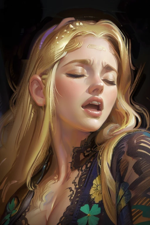 ((close-up of woman's face:1.4)),(aroused:1.3),((closed eyes, scream:1.1)),(realistic illustration). cute 27 yo ((blonde:1.3)) Caucasian woman with green eyes. Sexy (chubby:0.7) figure, natural breasts, beautiful ass. Eyeglasses, cardigan, black floral print sundress, Masterpiece, (highly detailed:1.2),(detailed face and eyes:1.2), 8k wallpaper, cinematic lighting. core shadows, high contrast, bokeh.