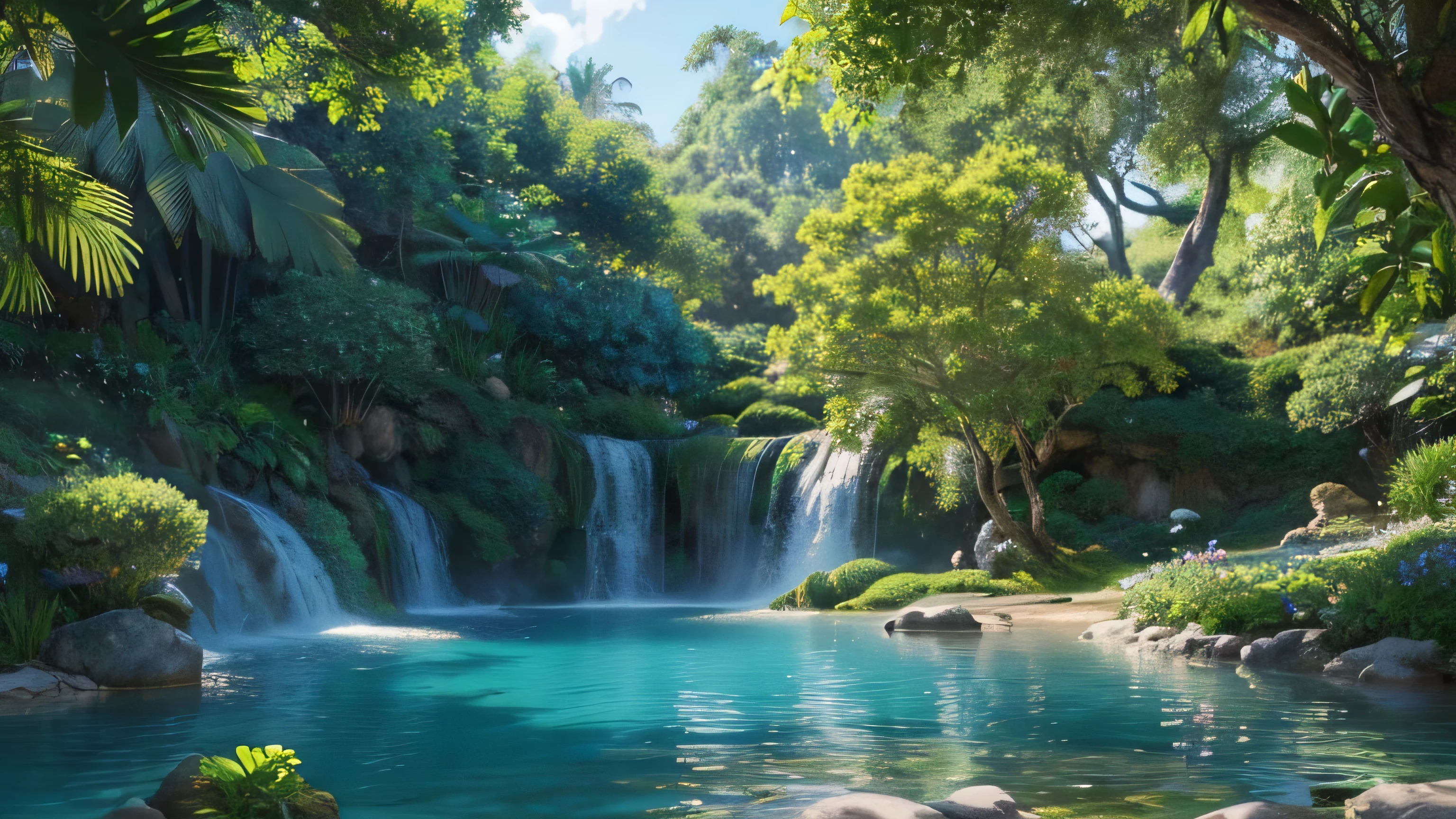 a beautiful intricate natural landscape, lush foliage, delicate flowers, serene blue ocean, detailed photorealistic 8k wallpaper, masterpiece illustration, best quality, ultra-detailed, exquisite lighting, stunning shadows, vibrant colors, natural environment