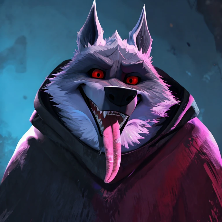 Death (Puss in Boots: The Last Wish), DreamWorks Animation, 2D, Open Mouth, Tongue Out, Long Tongue, Wide-Eyed, Wolf Ears, Anatomically Correct, Seductive Smile, Raised Eyebrow, Oral Invitation, Simple background, Character Design, Illustration, High Resolution, Super Detailed, Textured Skin, Single Shot, Full Shot