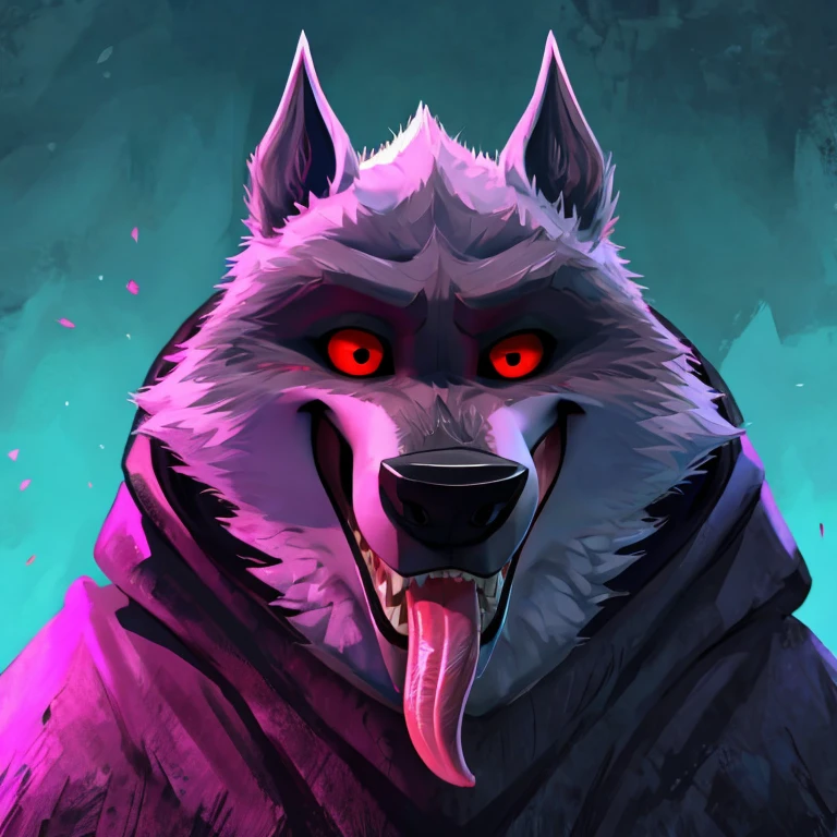 Death (Puss in Boots: The Last Wish), DreamWorks Animation, 2D, Open Mouth, Tongue Out, Long Tongue, Wide-Eyed, Wolf Ears, Anatomically Correct, Seductive Smile, Raised Eyebrow, Oral Invitation, Simple background, Character Design, Illustration, High Resolution, Super Detailed, Textured Skin, Single Shot, Full Shot