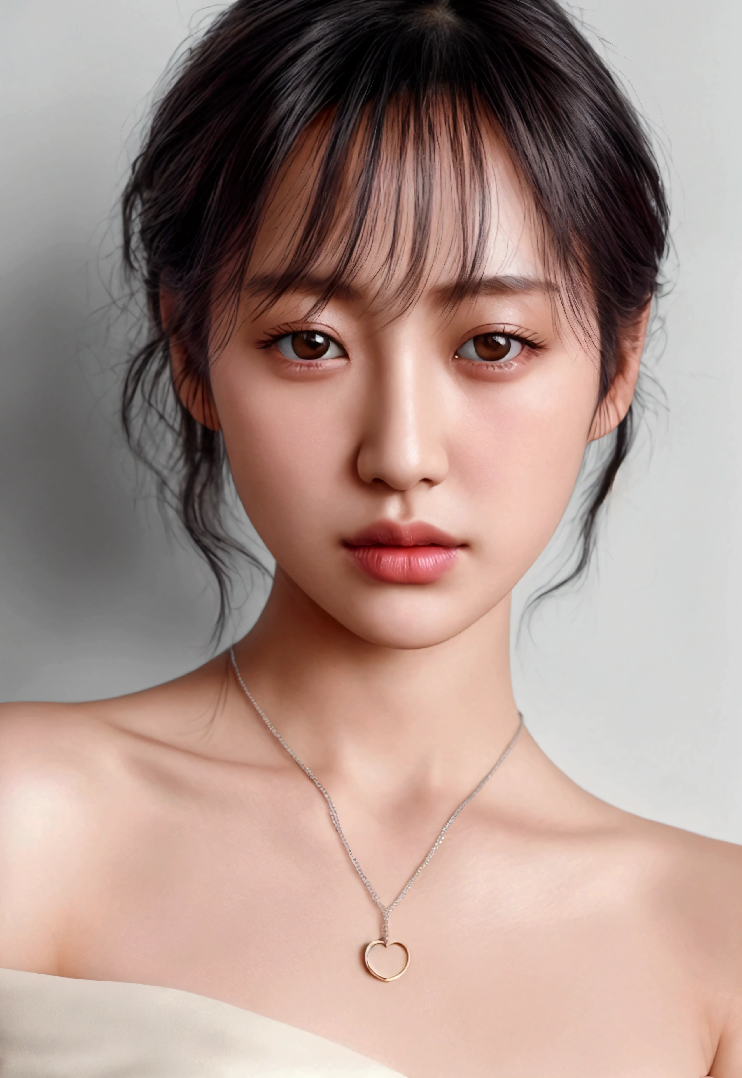 fashion photography portrait of 1girl, offshoulder, fluffy short hair, soft light, rim light, beautiful shadow, low key, (photorealistic, raw photo:1.2), (natural skin texture, realistic eye and face details), Hyperrealism, ultra high res, 4K, Best quality, masterpiece, necklace, (cleavage:0.8), in the dark. Negative prompt: (worst quality, low quality, bad_pictures, negative_hand-neg: 1.2). Asian women,Chinese women