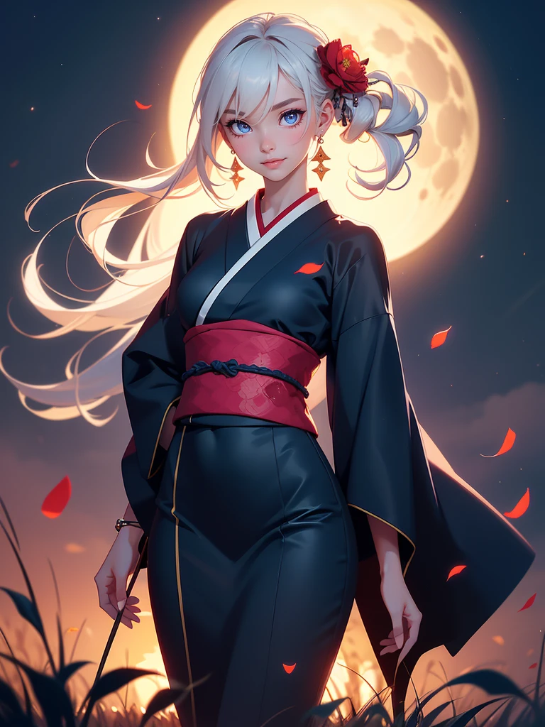 8K, Masterpiece, RAW photo, Best quality, detail:1.2), Photorealistic, Extremely detailed Cg Unity 8K wallpaper, Depth of field, Cinematic light, Lens flare, Ray tracing, (Extremely beautiful face, Beautiful lips, Beautiful eyes), intricate detail face, ((ultra detailed skin)) 1girll, In the dark, deepshadow, Pretty Japan girl, Jpop idol, (Very slim and slender muscular body:1.3), ((view the viewer)), (Big smile), (bodycon Kimono), (RedKimono), (Injection sleeve), (Flower field (dark Blue Night)), Clear Sky (Big Moon), Pretty Japanese girl, Earrings, bangle, Pantyhose, Clear eyes, Standing, (Pale skin), Face forward, (Big eyes), ((upperbody shots)), Kimono Silk, Front shot, Very slim, slander, seamless, (Half Naked)