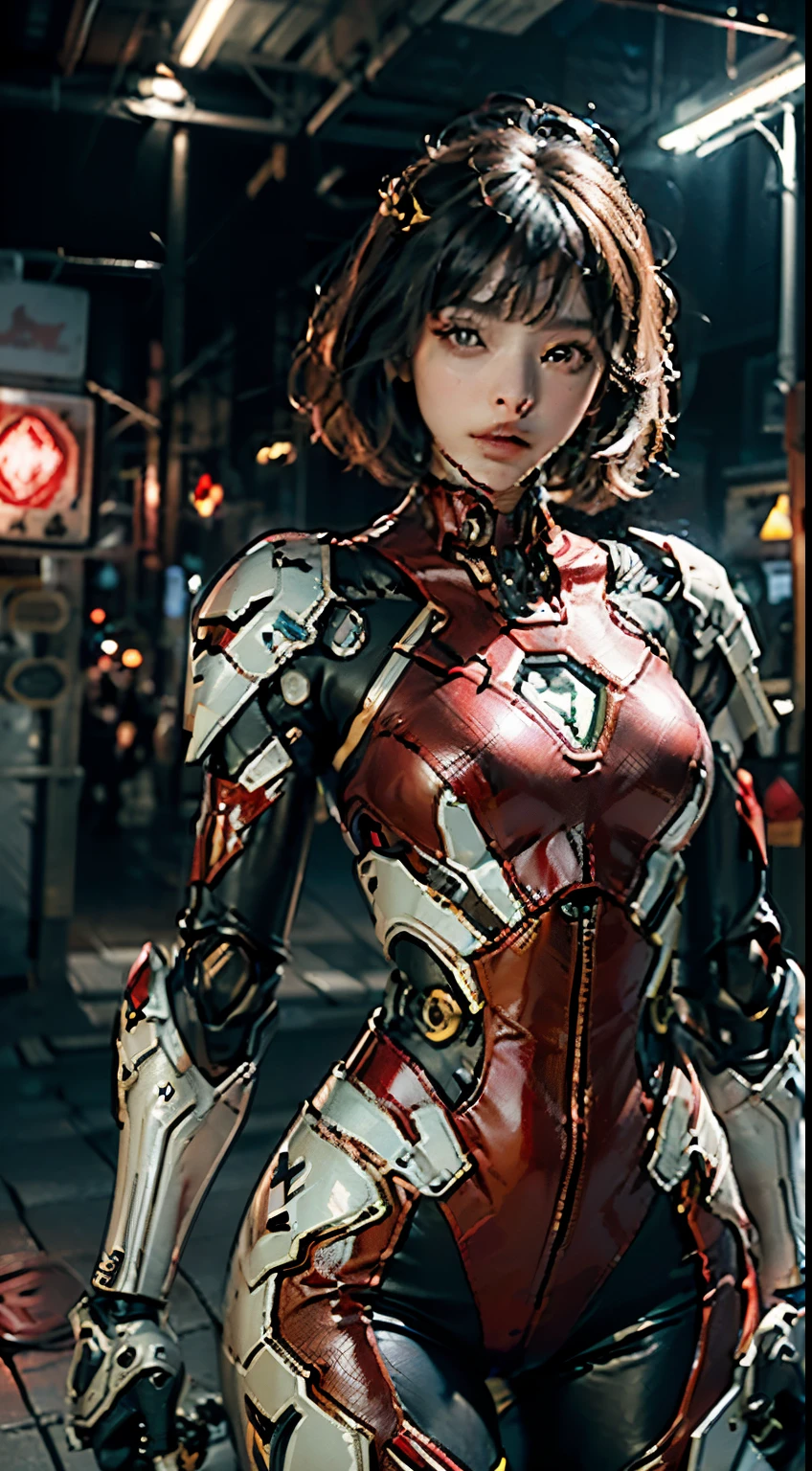 The highest image quality, pending details, ultra-high resolution, (Fidelity: 1.4), the best illustration, favor details, Highly condensed 1girl, with a delicate and beautiful face, wearing a red mecha, wearing a mecha helmet, Holding a steering controller, riding a motorcycle, the background is a high-tech lighting scene of the future city.