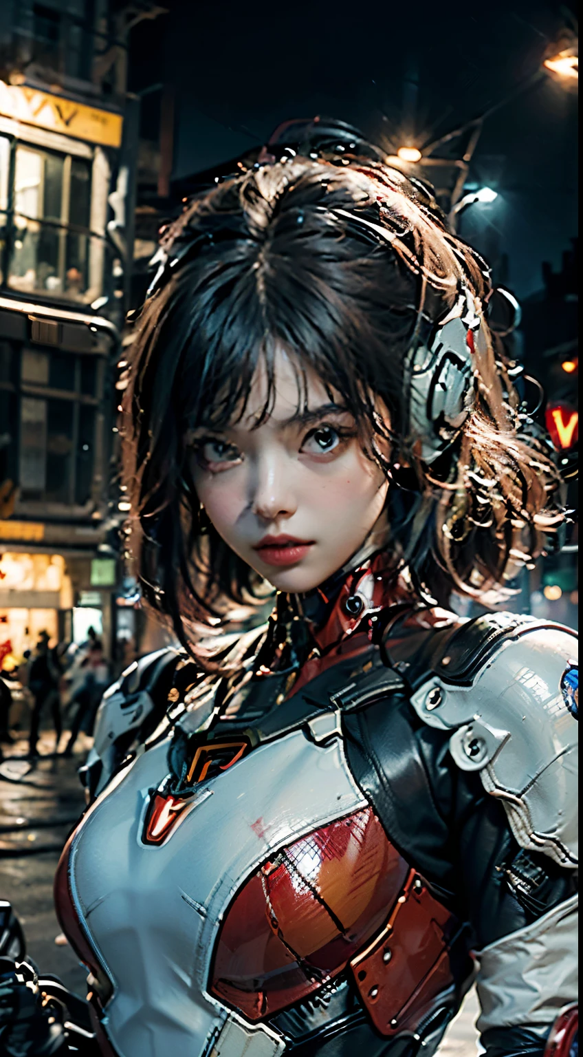 The highest image quality, pending details, ultra-high resolution, (Fidelity: 1.4), the best illustration, favor details, Highly condensed 1girl, with a delicate and beautiful face, wearing a red mecha, wearing a mecha helmet, Holding a steering controller, riding a motorcycle, the background is a high-tech lighting scene of the future city.