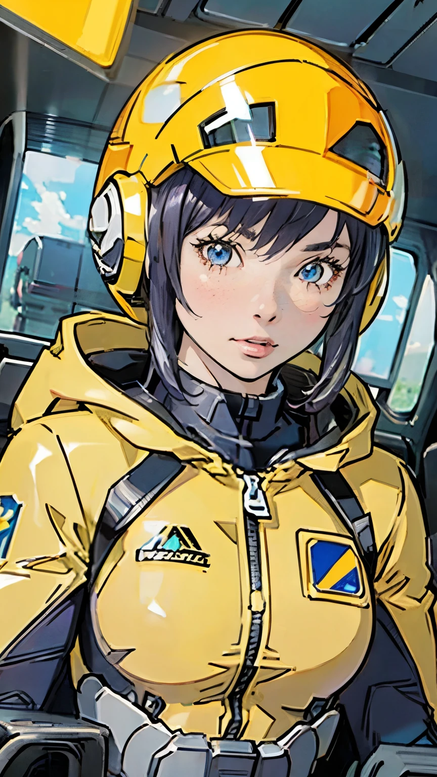 Mundo Cockpit、Upper Body、Yellow pilot suit、Upper Body、woman、Full Face Helmets、Highest quality、Masterpiece
