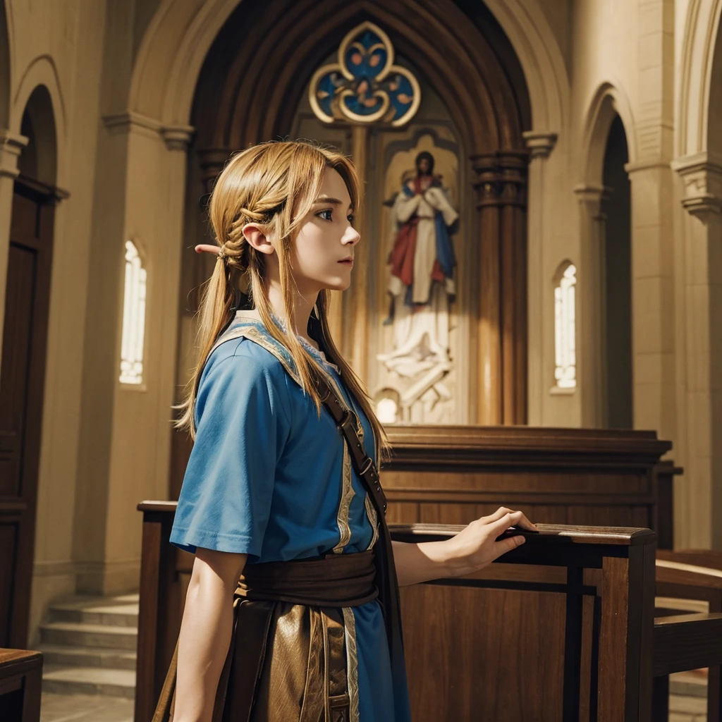 Vivid depiction、3DCG、Clear photos、zelda and link、Face to face, stare at each other、Depiction of the upper body、The background is inside the church、
