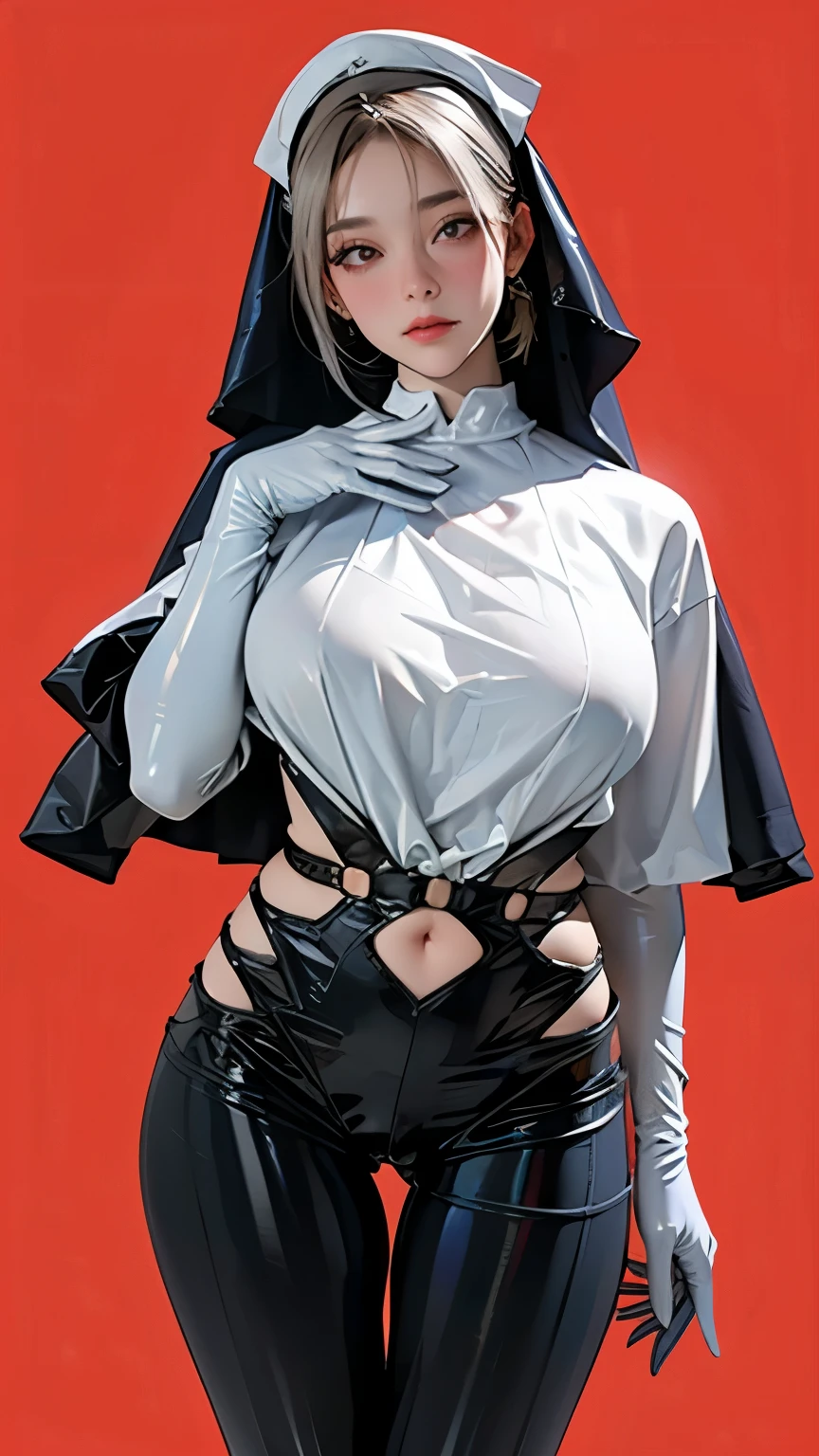 1 mature female，,solitary,Medium breasts,(Thigh gap:1.2),(Cowboy shooting:1.2),Ruan Yi 020,Crouching Cowboy,Black pantyhose,,nun,Capulet,(White hair),, (masterpiece, best quality, Employed, high resolution:1.2), (Very detailed, Practical, Intricate details, high resolution), 3d, CG,  BBW, Glowing skin, , blush,, Eyeliner, Eyeshadow, eyelash,, (Huge breasts, Breast sagging:1.1), (Movie Lighting, Sunlight, volume), Looking at the audience, Simple red background, vintage fantasy, 1960s \(style\), Film Grain,，front stance ，For the audience，Full body portrait，Gray background，Camel toe