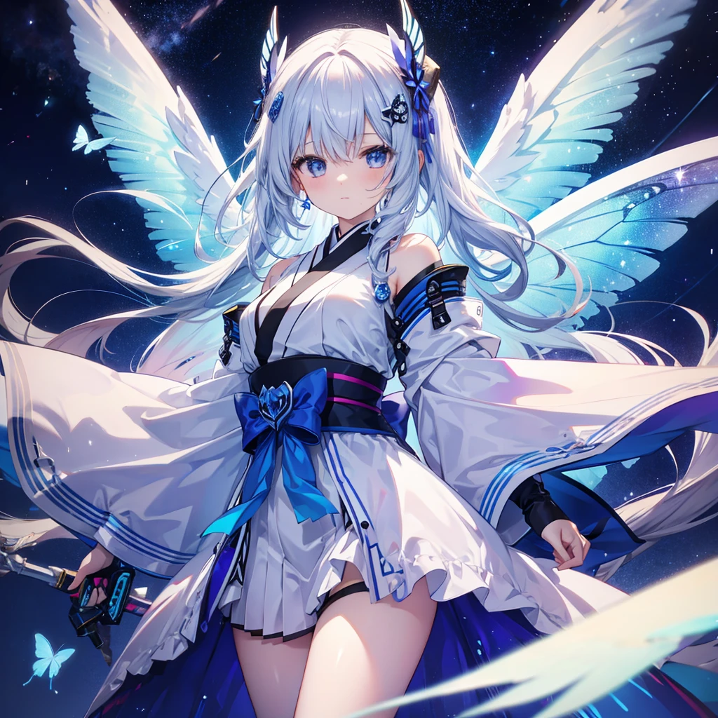 One woman,Archangel((Big Wings,Milky Way,Close-up)) background(Cyber World) Serious expression,Looking diagonally upwards, pure white long hair,A neon colored butterfly blowing in the wind,Super Mysterious Japanese Anime Style