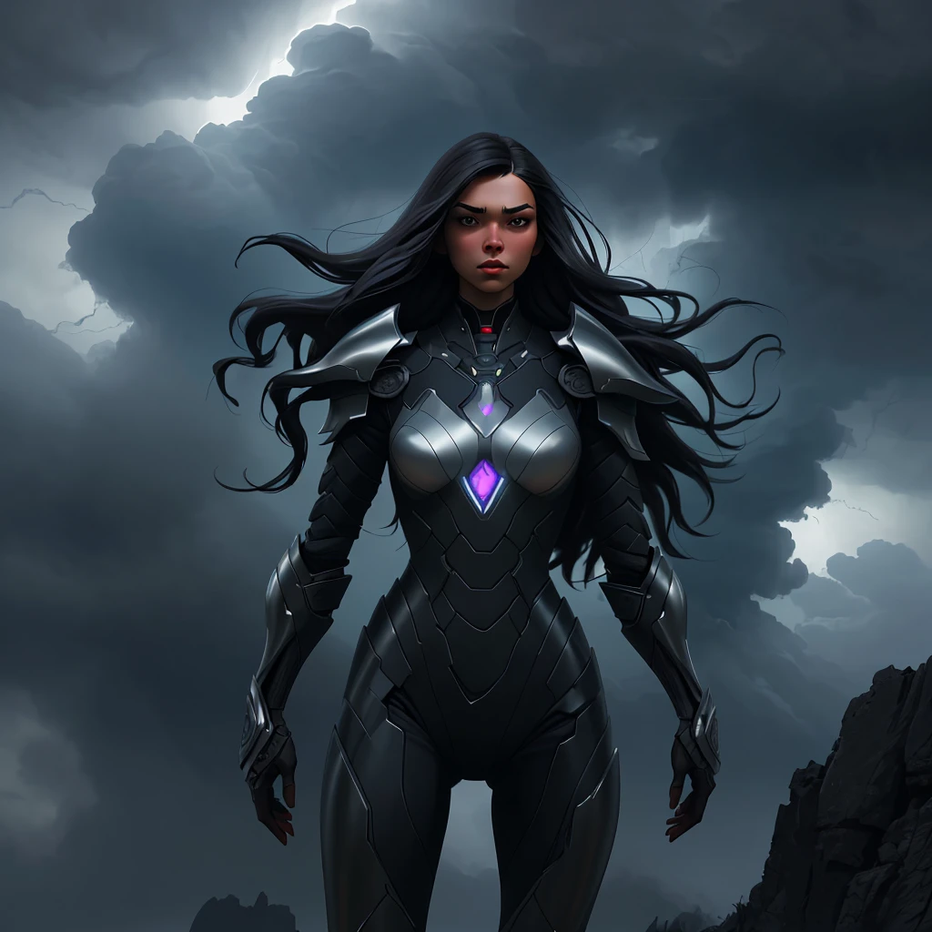 a beautiful woman with long dark hair, perfect body, standing in the middle of storm clouds, wearing futuristic armor, highly detailed 4k, photorealistic, cinematic lighting, dramatic atmosphere, intricate details, concept art style