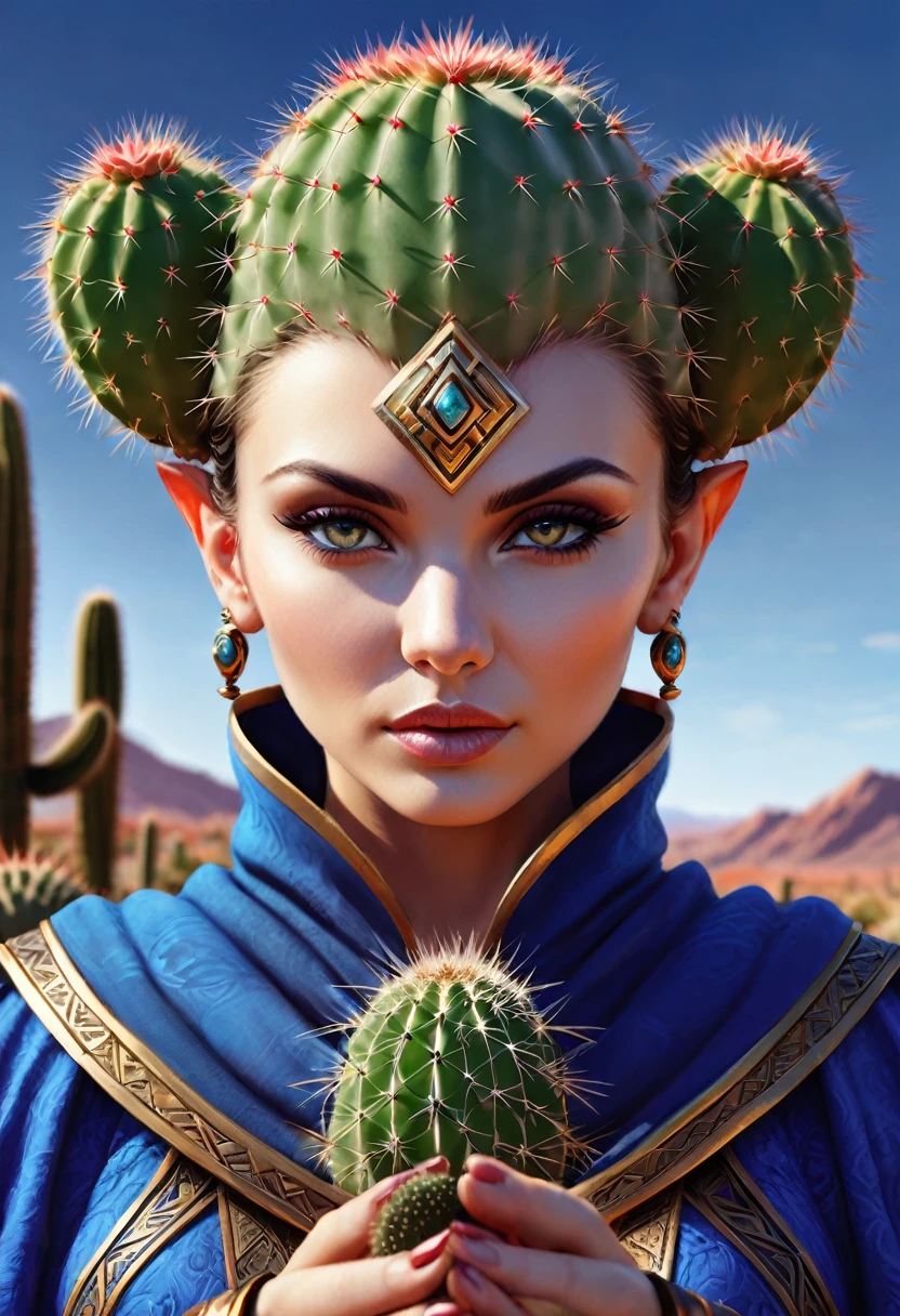 Anthropomorphic female cactus mage. Official Art – Charecter profile. An Award-Winning Digital Masterpiece In 4K Ultra HD, Extreme Detail And Intricate Realism. Symmetrical Face. This Concept Art Brought To Life By The Hands Of Artists Like Wlop & Artgerm In A Stunning 2D Vector Illustration.Background Is A Panoramic Vista.
